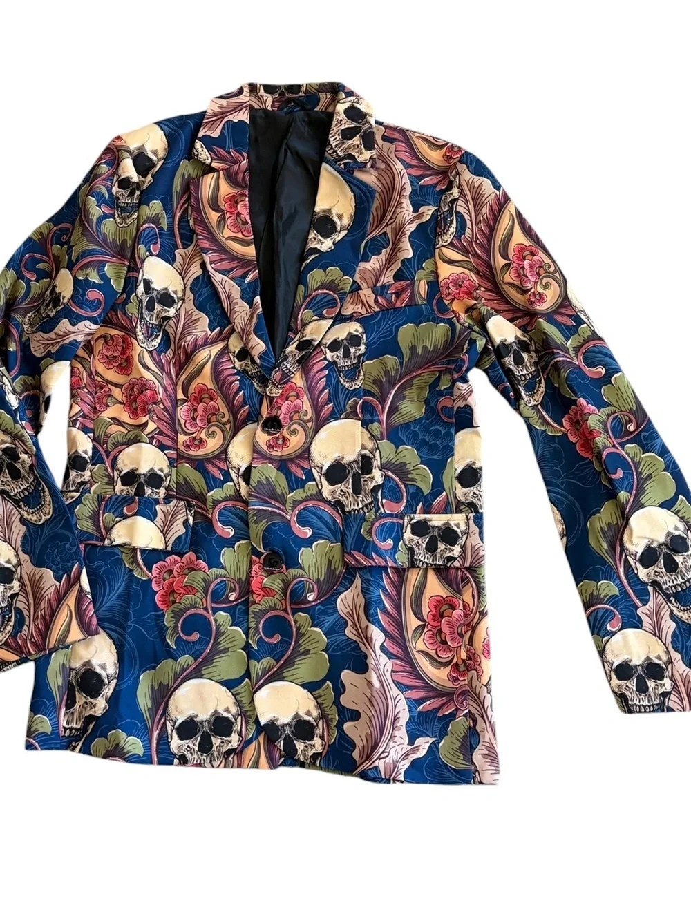 Halloween Bold Blue Floral & Skull Print Men's Suit Jacket, Pants and Tie Sz M